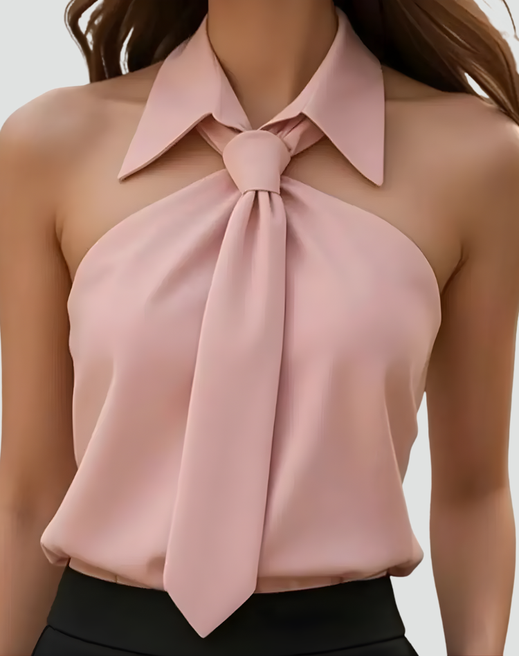 Elegant sleeveless women's top with collar and neck tie