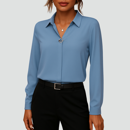 Elegancka bluzka szyfonowa z kołnierzykiem i długim rękawem