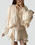 Mini party dress with long sleeves and waist tie