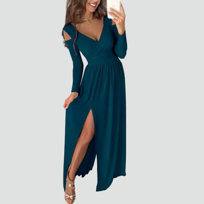 Women's wrap maxi gala dress with long sleeves and slit