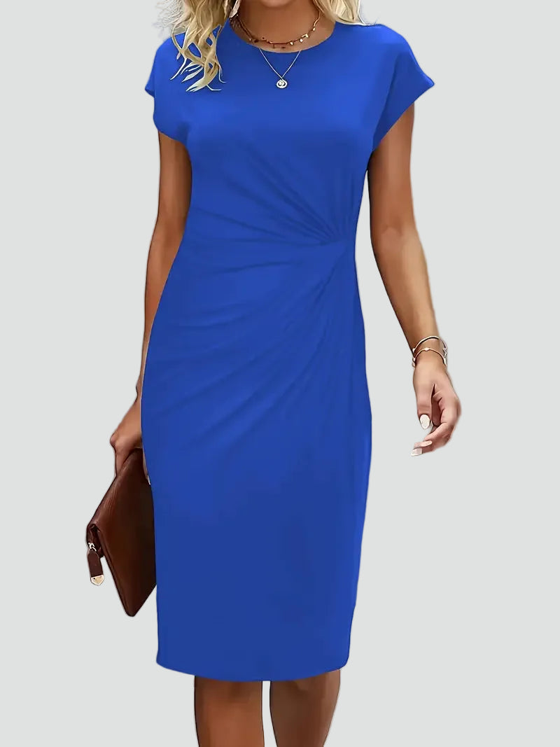 Fitted women's midi dress with ruching and cap sleeves