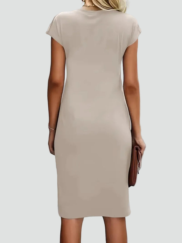 Fitted women's midi dress with ruching and cap sleeves