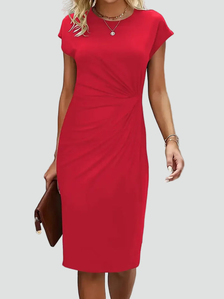 Fitted women's midi dress with ruching and cap sleeves