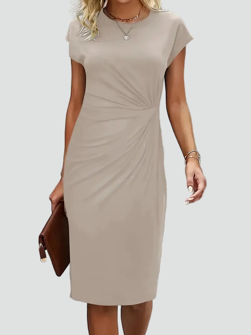 Fitted women's midi dress with ruching and cap sleeves