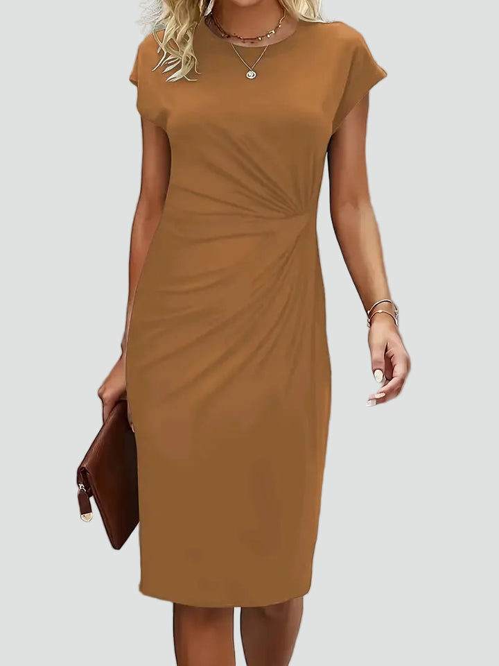 Fitted women's midi dress with ruching and cap sleeves