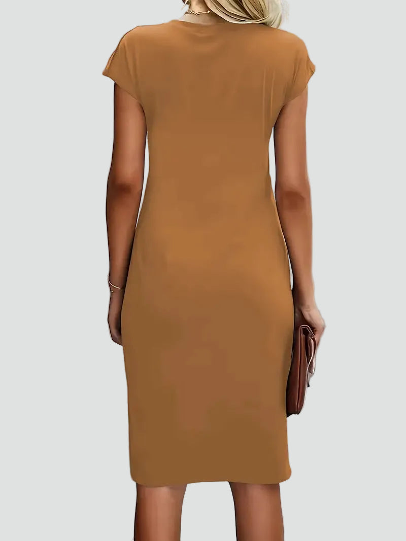 Fitted women's midi dress with ruching and cap sleeves
