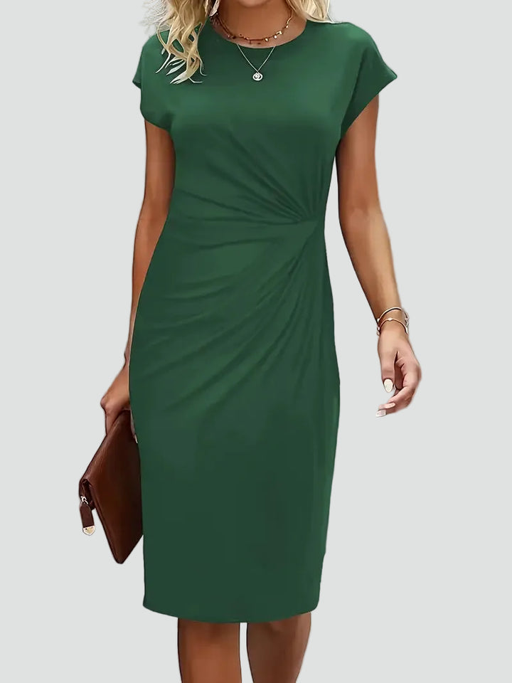 Fitted women's midi dress with ruching and cap sleeves