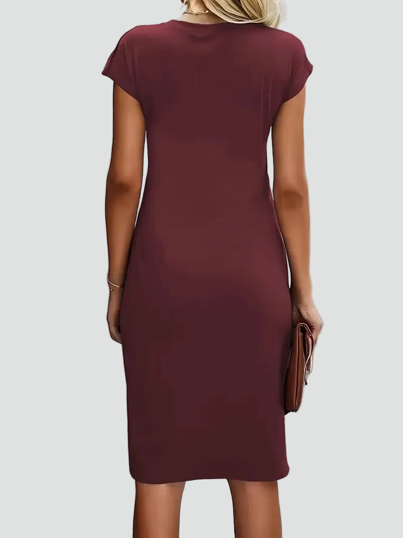 Fitted women's midi dress with ruching and cap sleeves