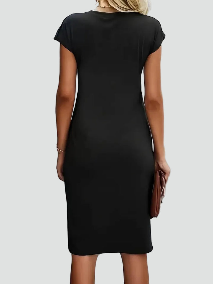 Fitted women's midi dress with ruching and cap sleeves