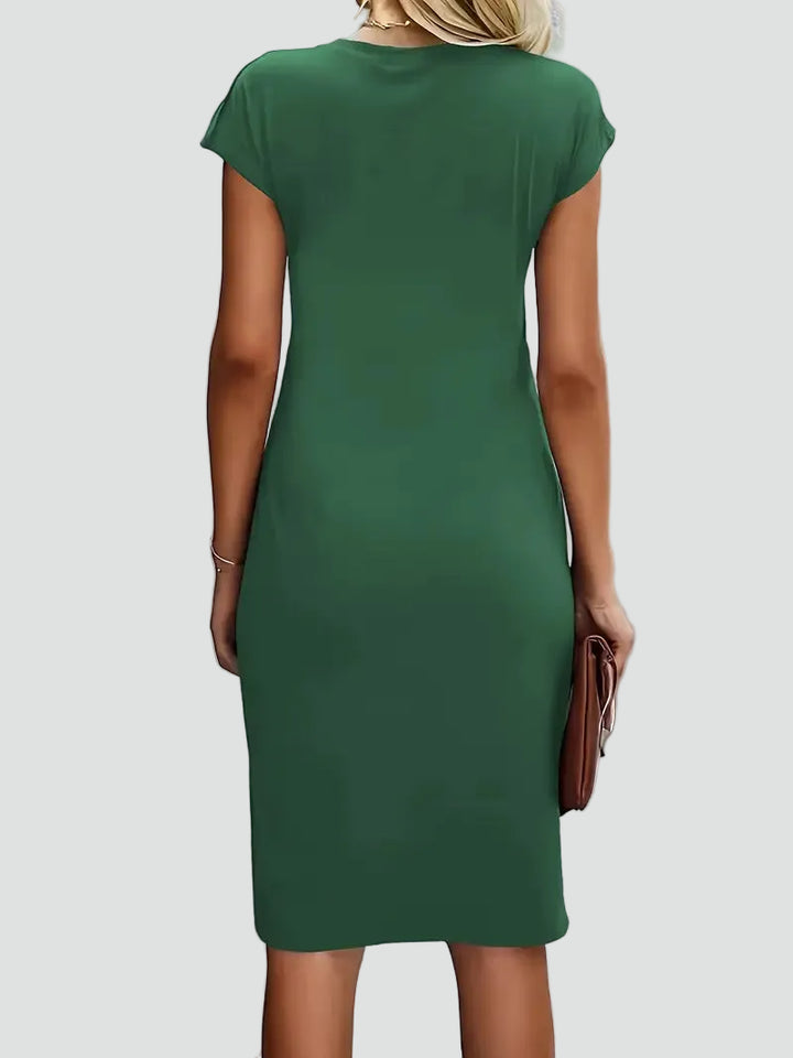 Fitted women's midi dress with ruching and cap sleeves
