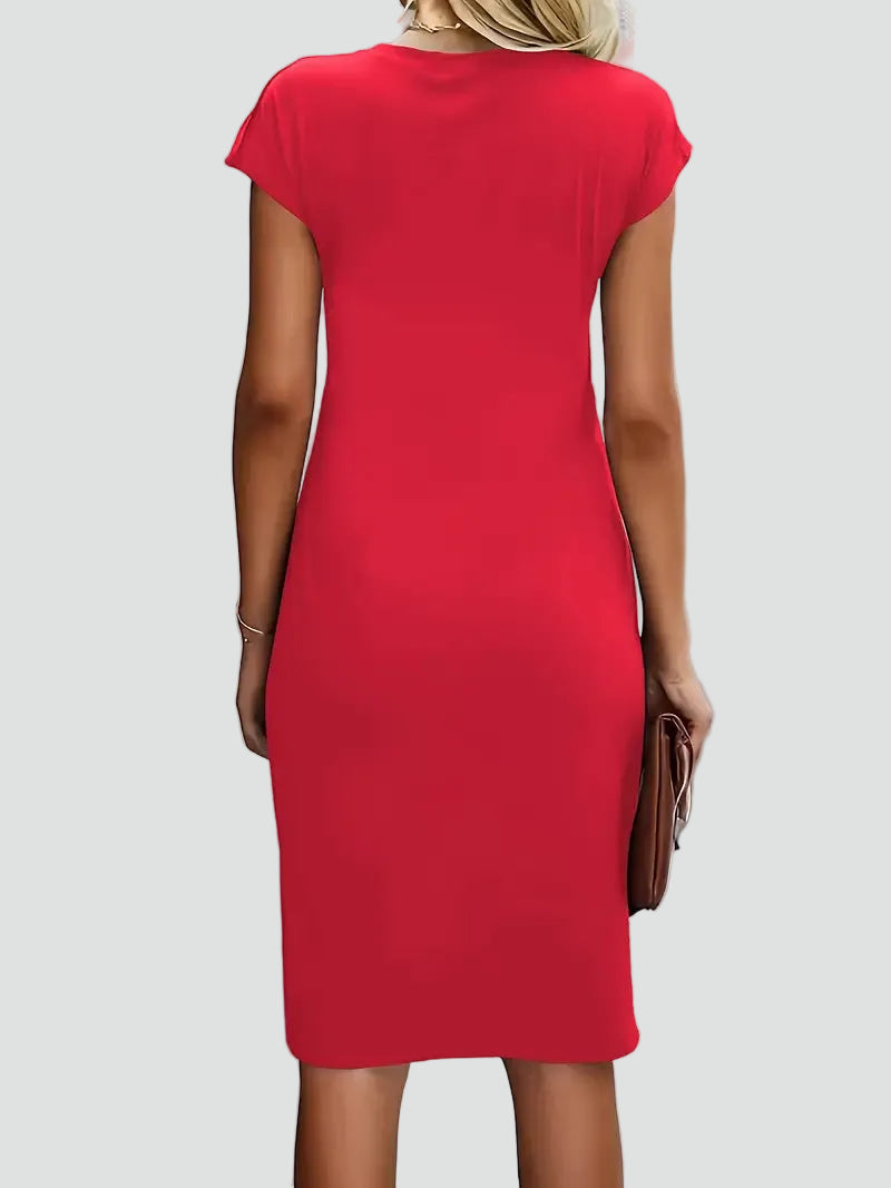 Fitted women's midi dress with ruching and cap sleeves