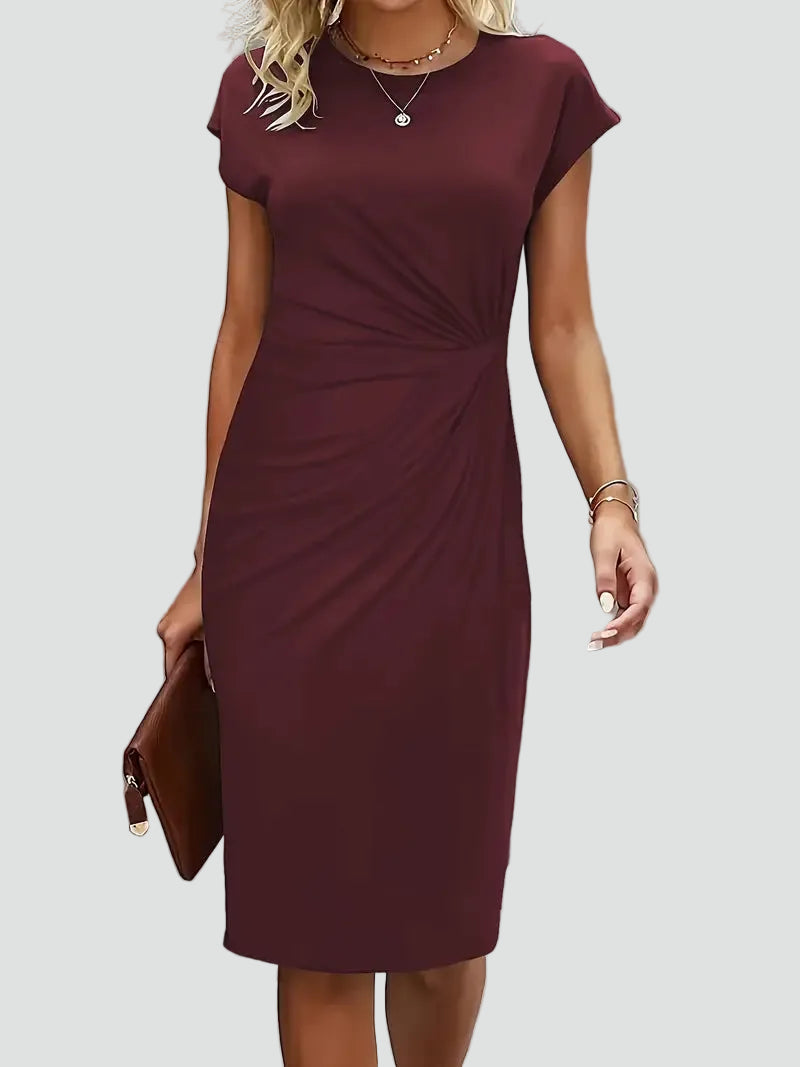 Fitted women's midi dress with ruching and cap sleeves