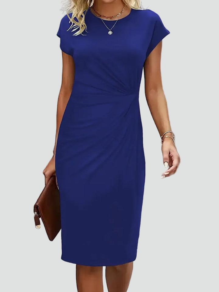 Fitted women's midi dress with ruching and cap sleeves