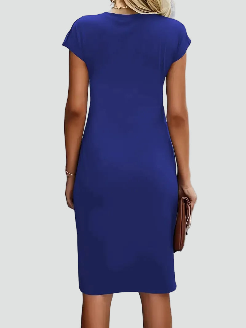 Fitted women's midi dress with ruching and cap sleeves
