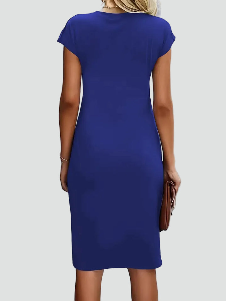 Fitted women's midi dress with ruching and cap sleeves