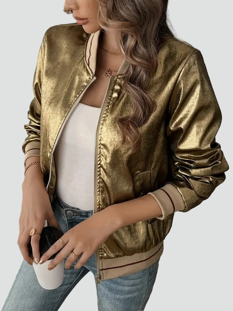 Women's shiny bomber jacket with zipper and pockets