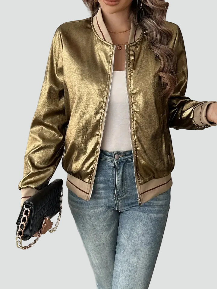 Women's shiny bomber jacket with zipper and pockets