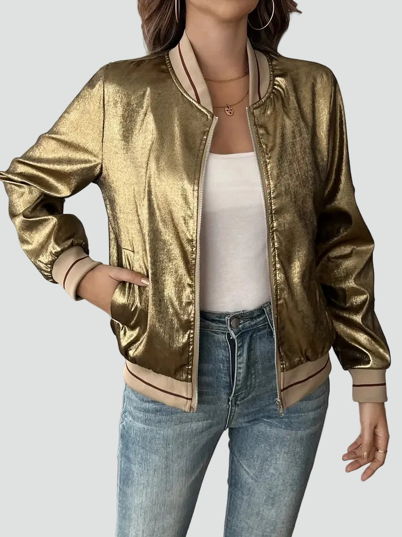 Women's shiny bomber jacket with zipper and pockets