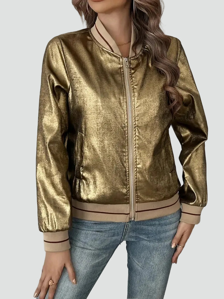 Women's shiny bomber jacket with zipper and pockets