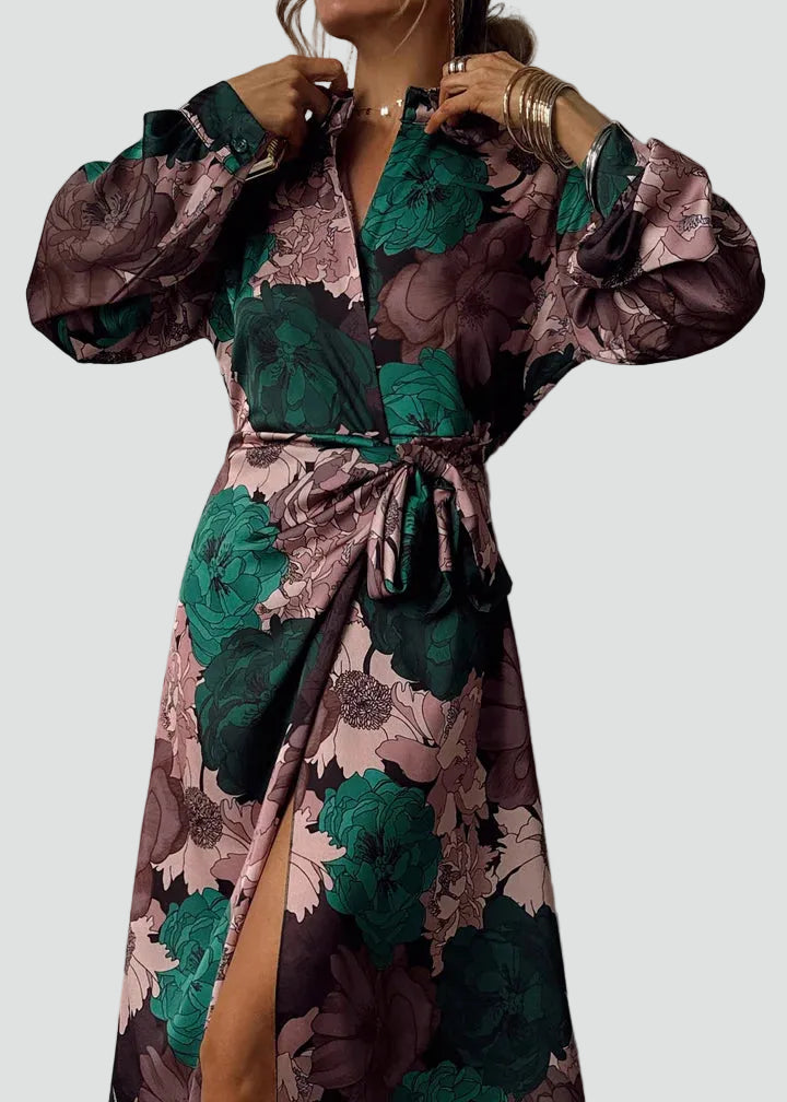 Sukienka maxi damska w kwiaty z paskiem elegancka