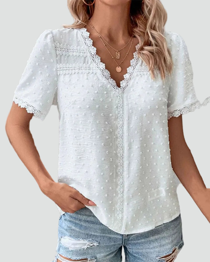 White elegant swiss dot blouse with lace and V-neckline