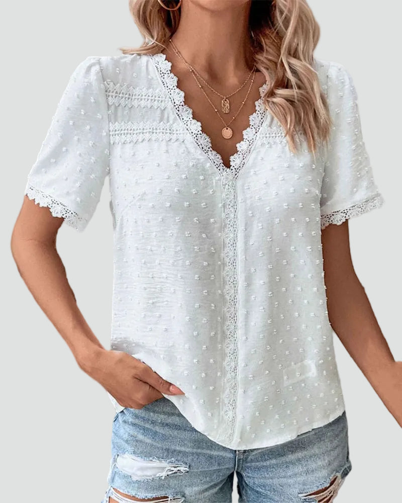 White elegant swiss dot blouse with lace and V-neckline