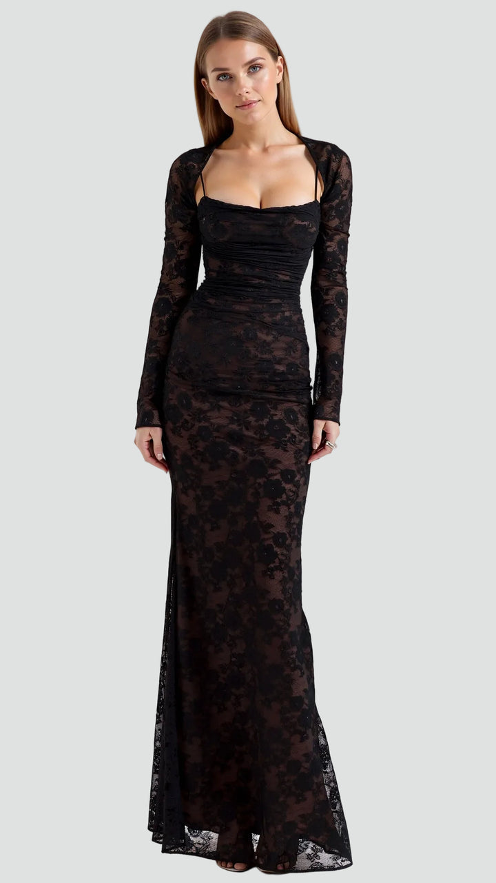 Elegancka sukienka maxi damska gala koronkowa z wiązaniem