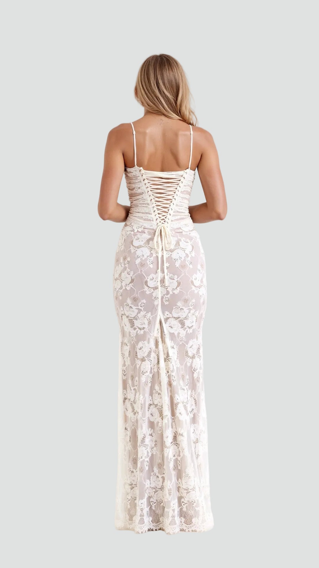 Elegancka sukienka maxi damska gala koronkowa z wiązaniem