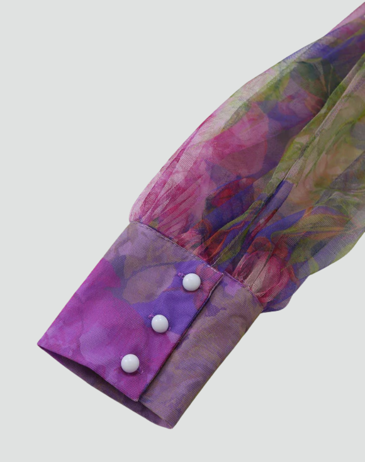Purple one-shoulder maxi dress with floral print