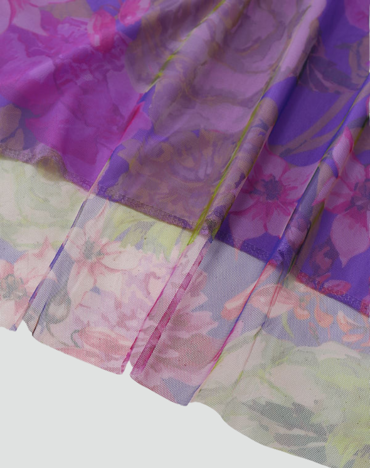 Purple one-shoulder maxi dress with floral print