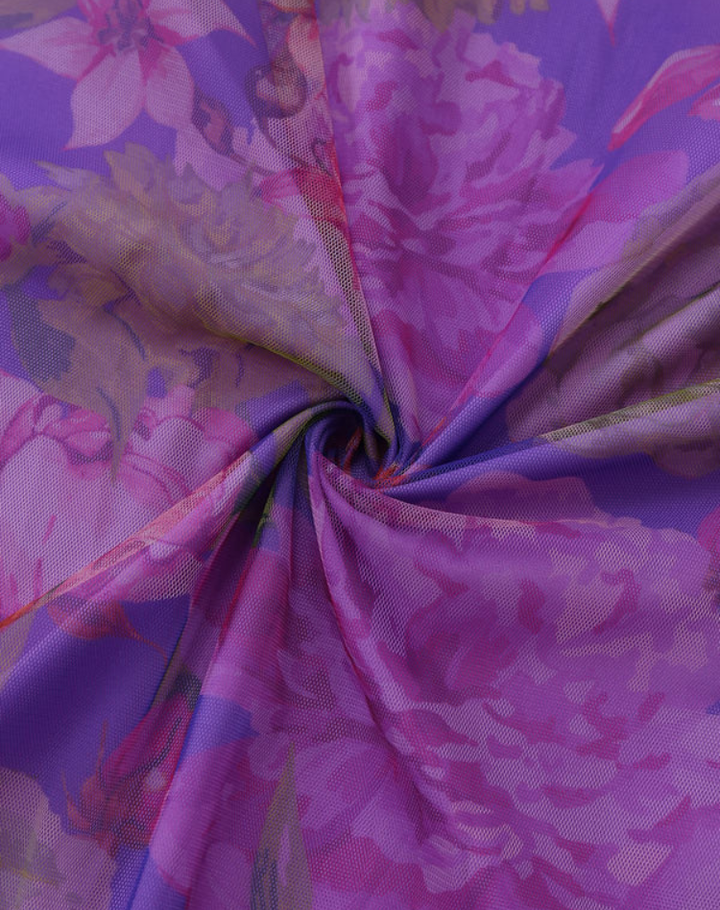 Purple one-shoulder maxi dress with floral print
