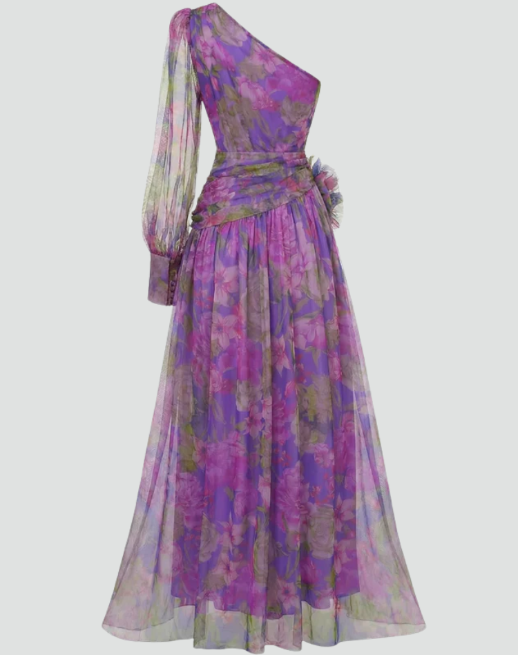 Purple one-shoulder maxi dress with floral print