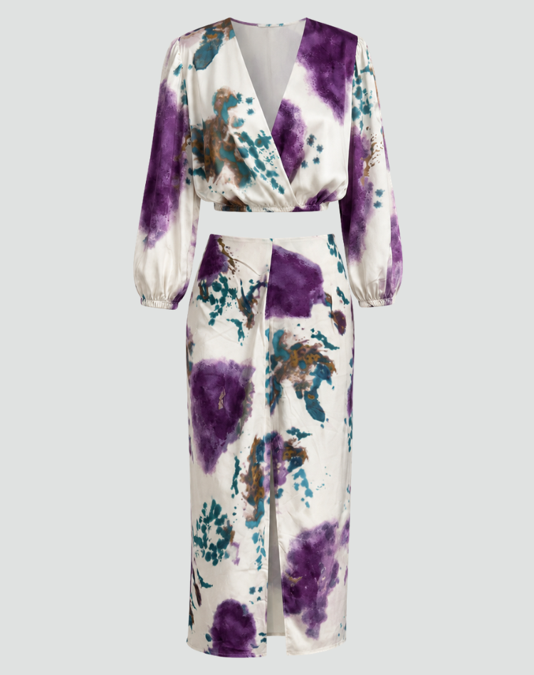 Elegant Women's Tie Dye Set – Wrap Blouse and Midi Skirt