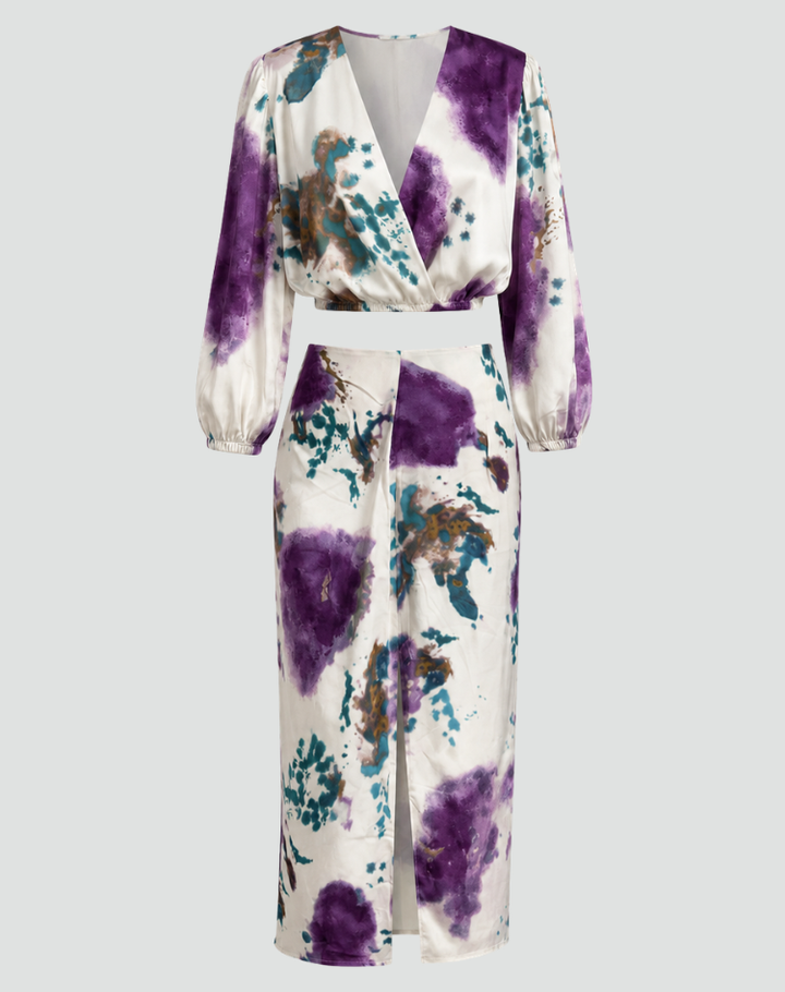 Elegant Women's Tie Dye Set – Wrap Blouse and Midi Skirt