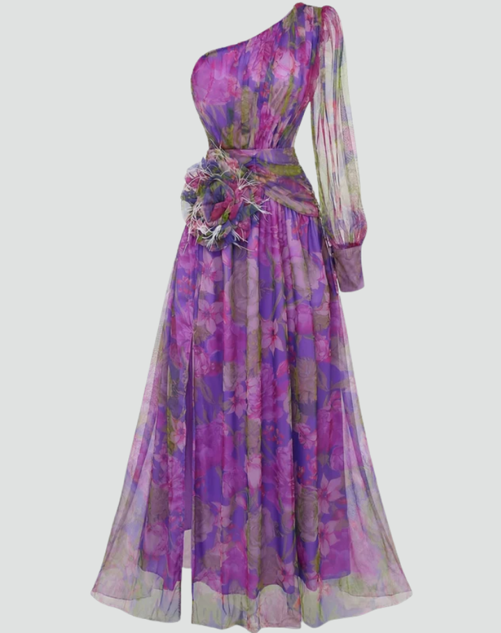Purple one-shoulder maxi dress with floral print
