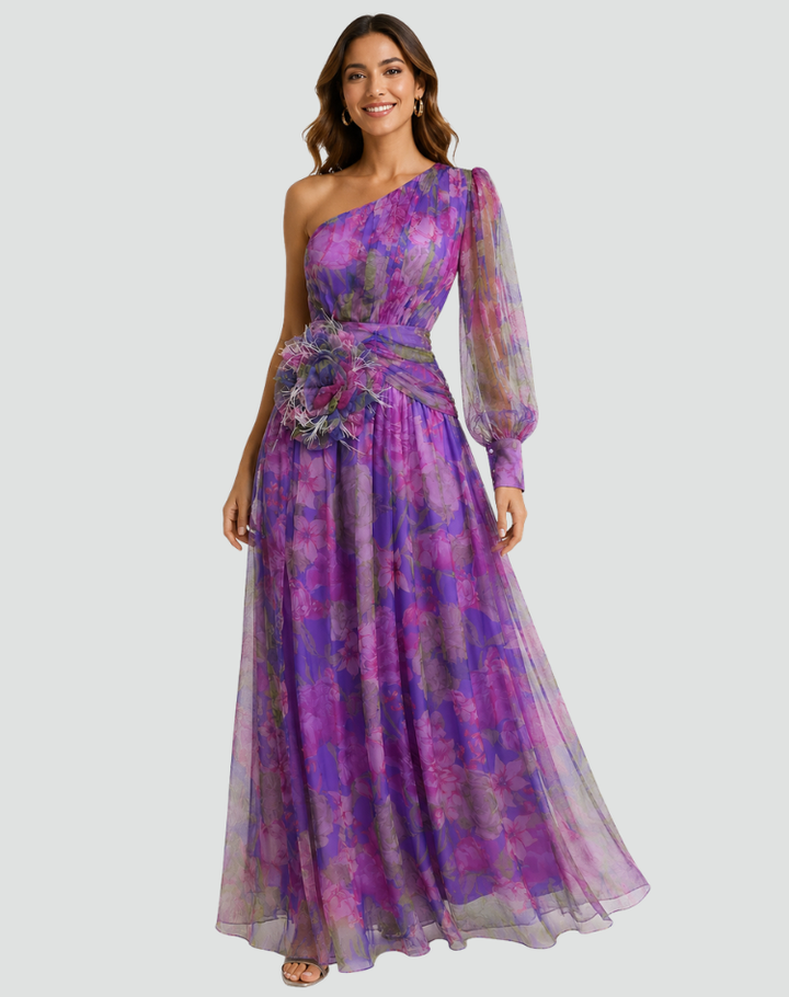 Purple one-shoulder maxi dress with floral print
