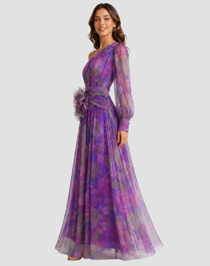 Purple one-shoulder maxi dress with floral print