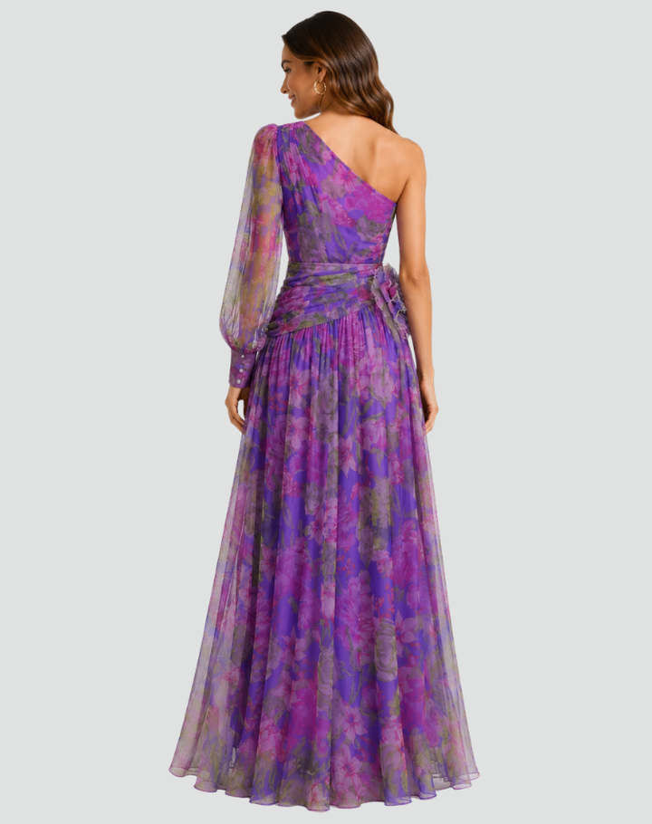 Purple one-shoulder maxi dress with floral print