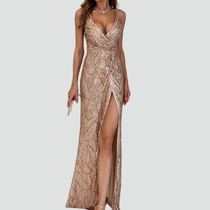 Cekinowa sukienka maxi wieczorowa z rozcięciem na imprezę