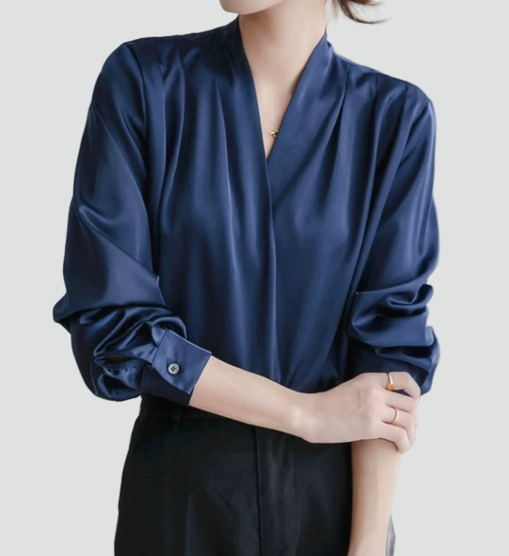 Elegant satin wrap blouse with V-neck and puff sleeves