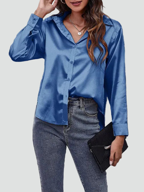 Satin blouse with long sleeves and collar