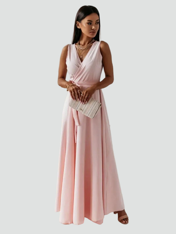 Maxi cocktail dress with a wrap neckline and tie