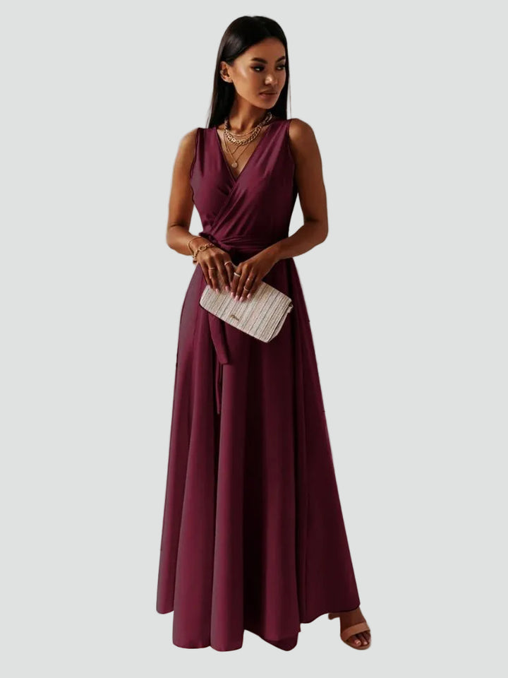 Maxi cocktail dress with a wrap neckline and tie