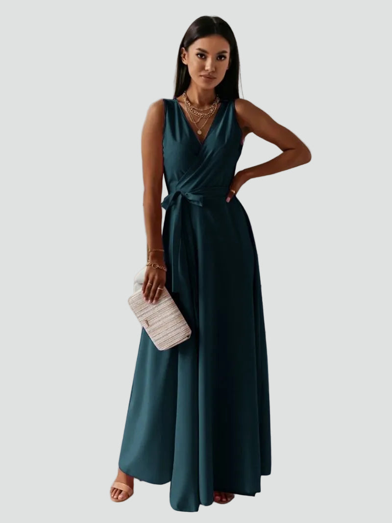 Maxi cocktail dress with a wrap neckline and tie