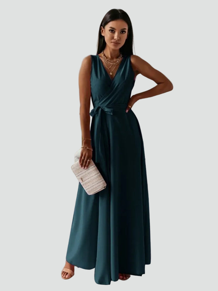 Maxi cocktail dress with a wrap neckline and tie