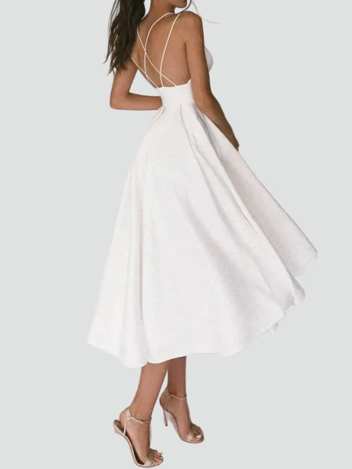 Flared midi cocktail dress with sweetheart neckline for weddings