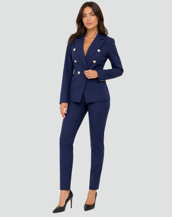 Formal women's suit double-breasted blazer, pants, and short coat