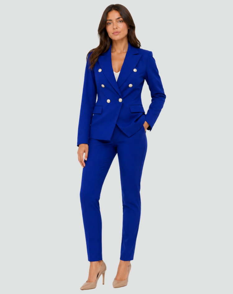 Formal women's suit double-breasted blazer, pants, and short coat