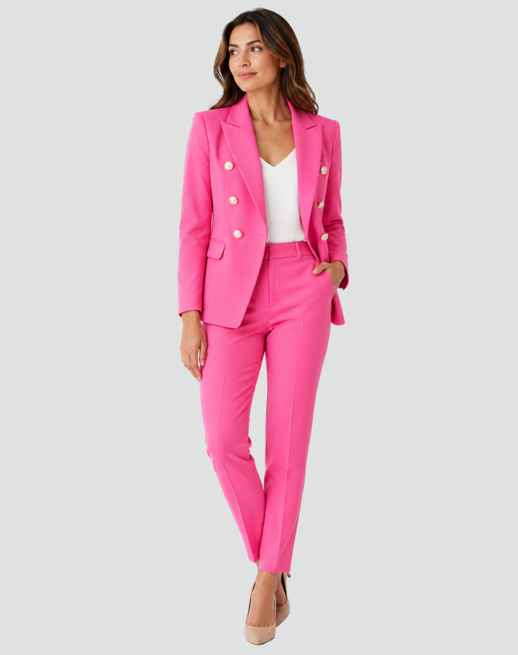 Formal women's suit double-breasted blazer, pants, and short coat