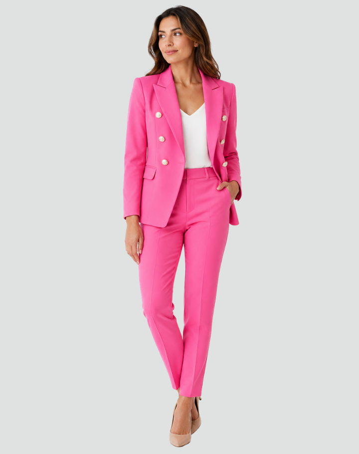 Formal women's suit double-breasted blazer, pants, and short coat